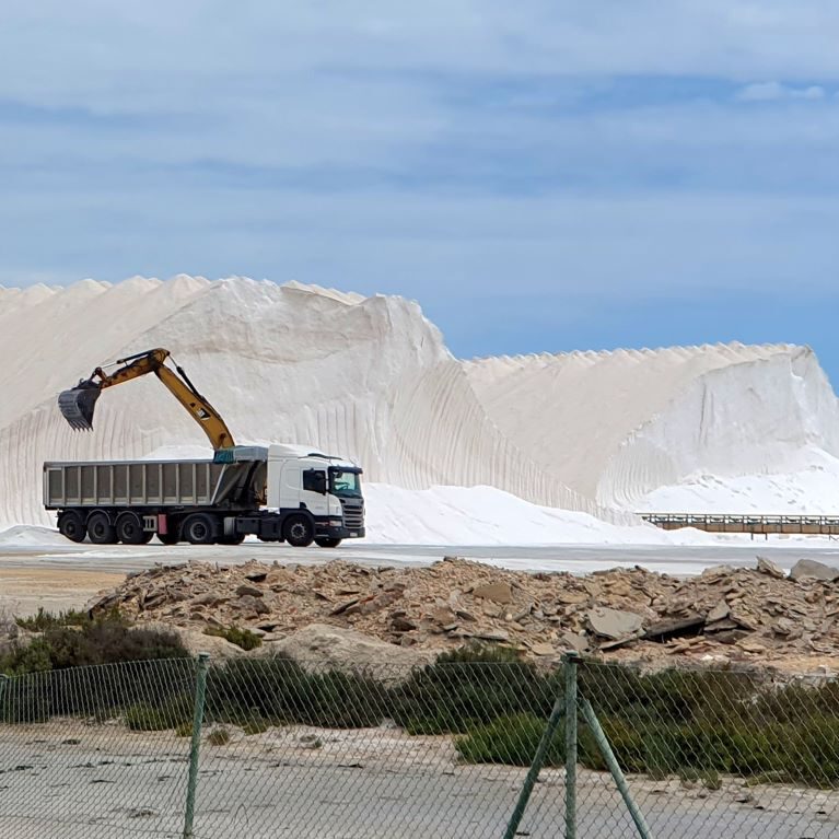 Salines de Santa Pola Salt Mountains - the Excavator & the Truck for Size ComparisoN