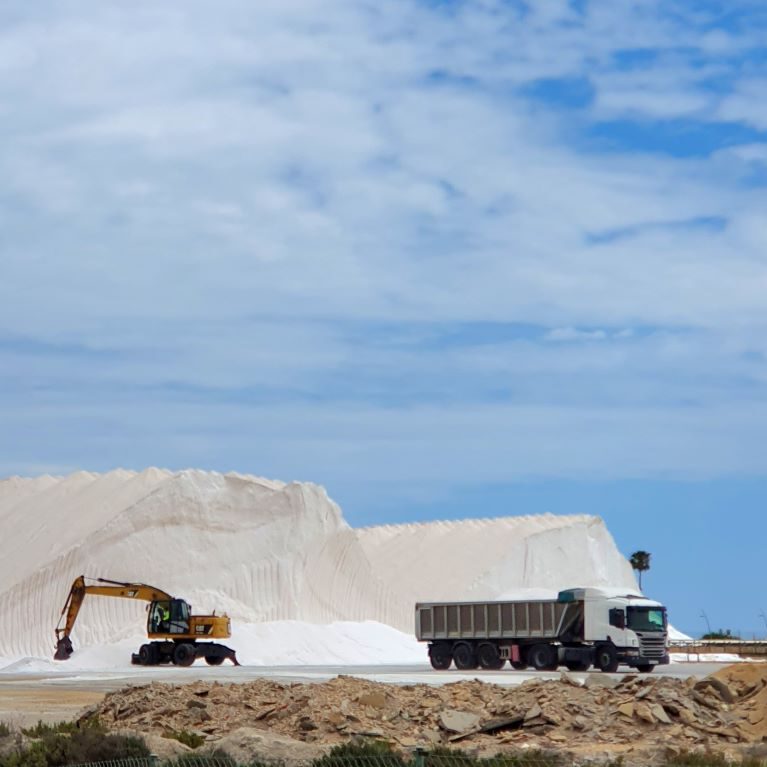Salines de Santa Pola Salt Mountains - the Excavator & the Truck for Size ComparisoN